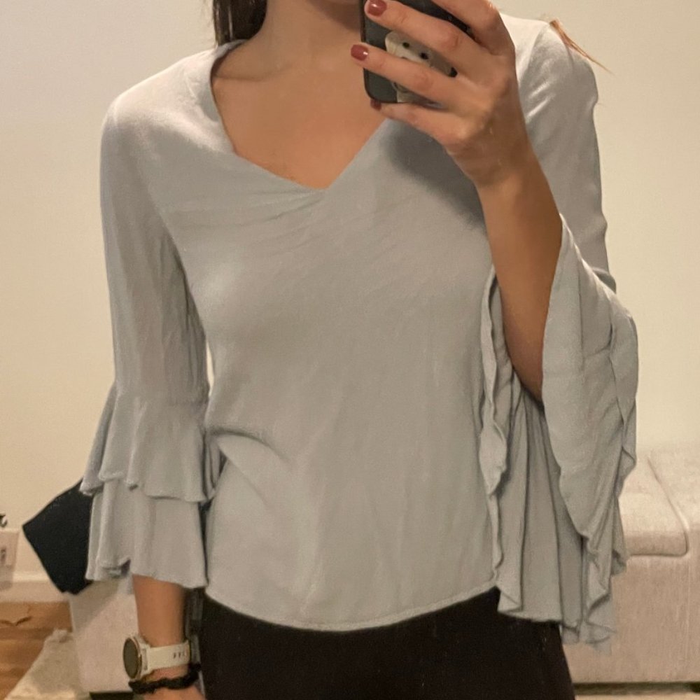 Chelsea28 Blue Ruffle/Bell Sleeve Top